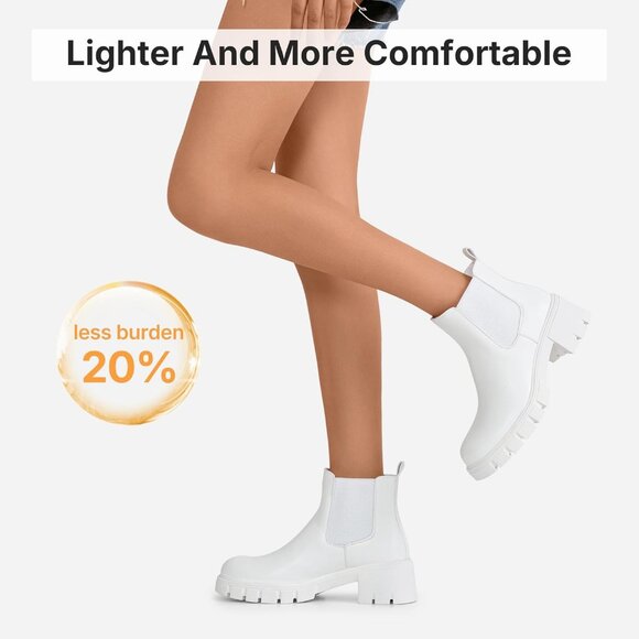 Vepose Women's White Faux Chelsea Leather Lug Sole Elastic Slip on Ankle Booties - Picture 3 of 9